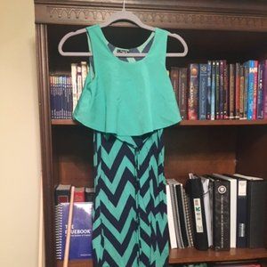 Hi-low dress, green & navy chevrons.  Size 10